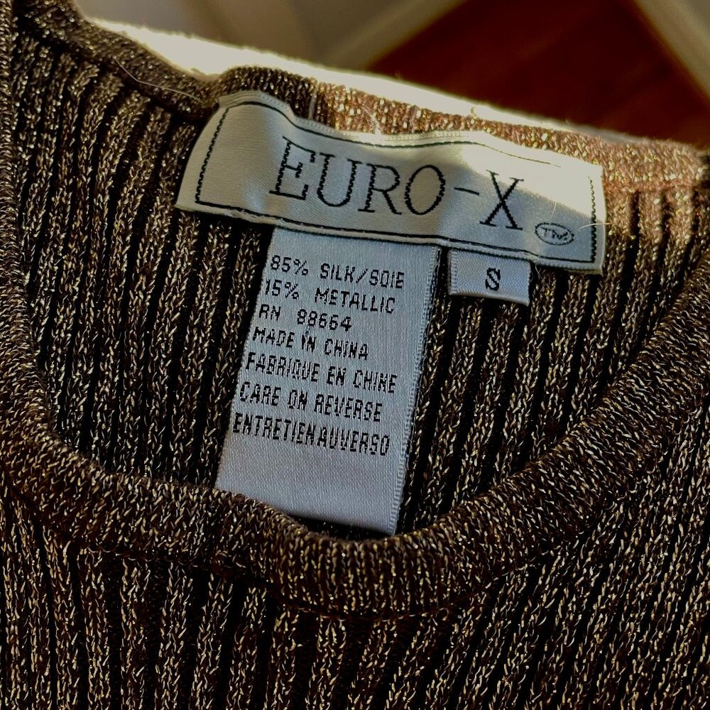 Gold metallic silk and black short-sleeved sweater